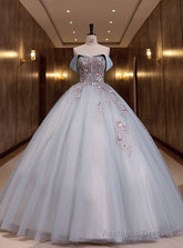 Blue Tulle Strapless Embroidery Flower Quinceanera Dress